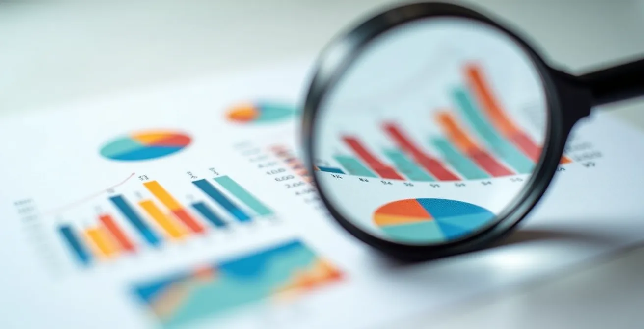 Loupe examinant des graphiques économiques colorés avec mise au point sélective