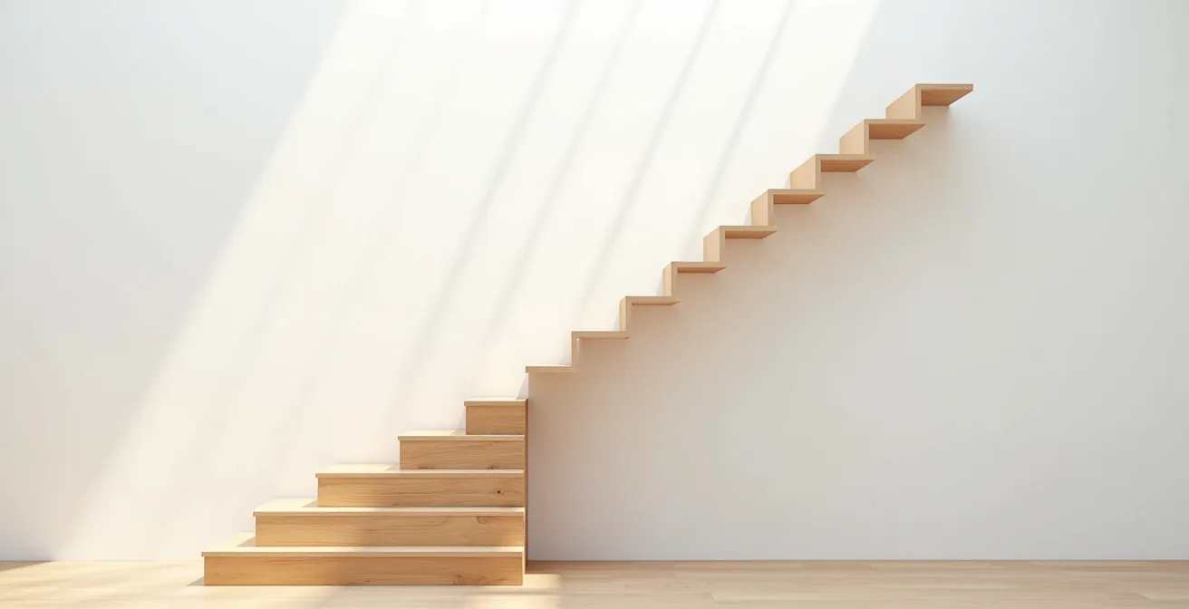 Escalier ascendant en bois naturel photographié en contre-plongée symbolisant la progression du pouvoir du CSE