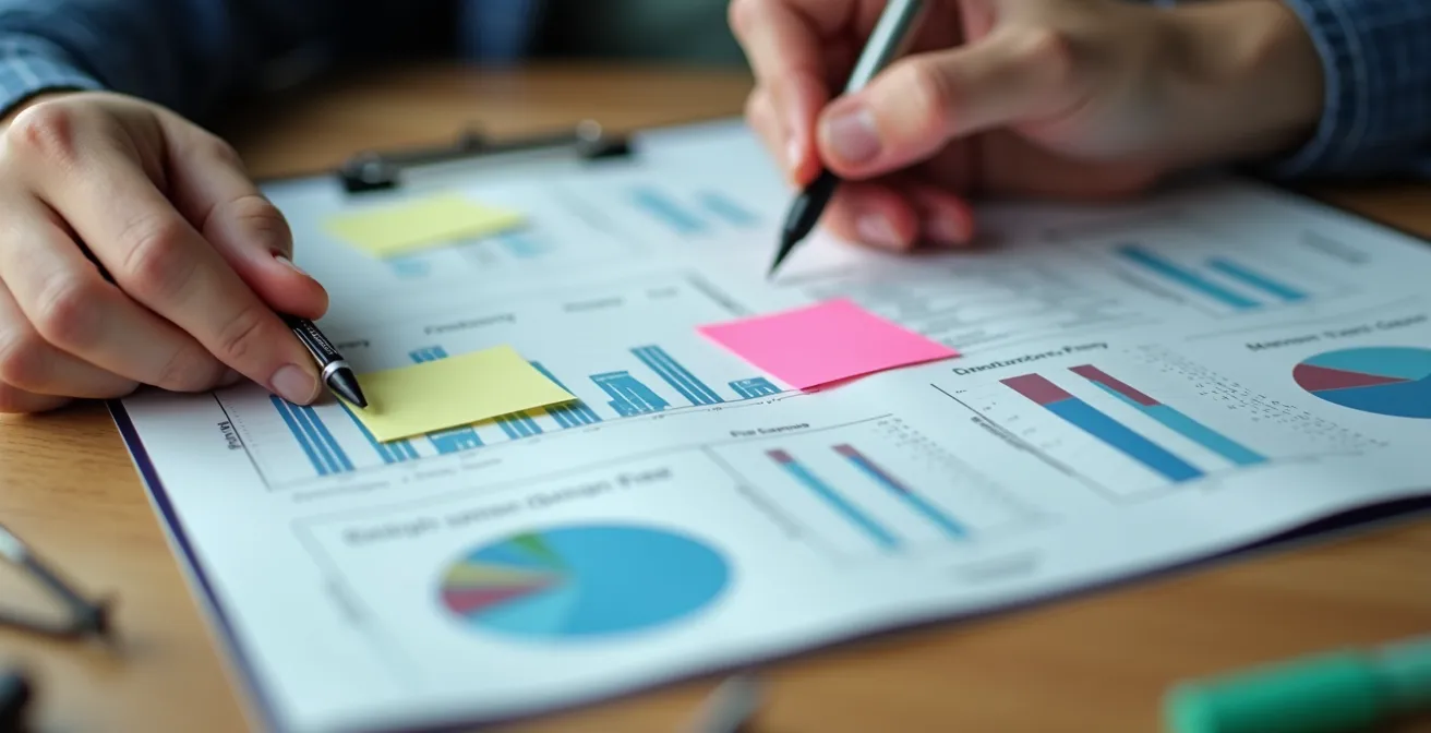 Mains d'élus CSE annotant des documents financiers avec marqueurs colorés sur une table de travail