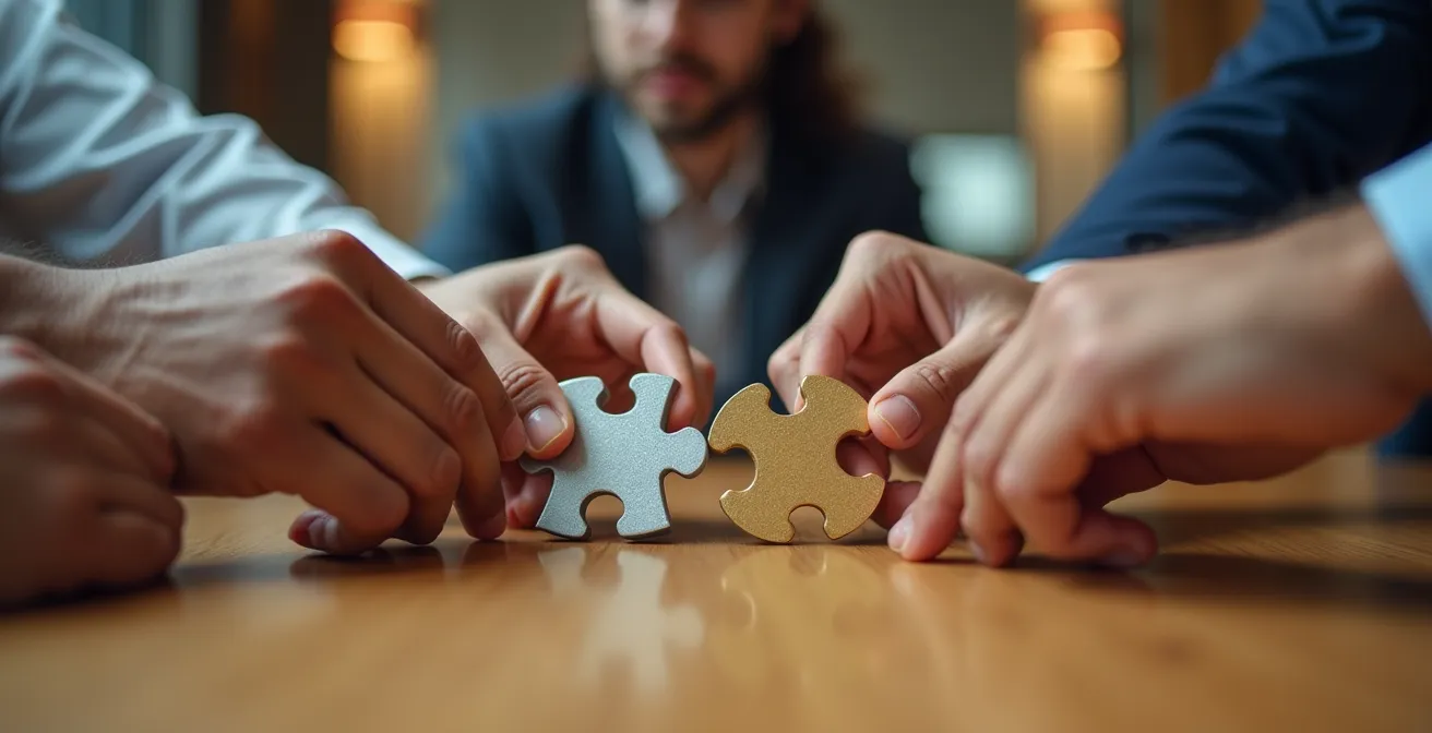 Gros plan sur des mains assemblant trois pièces d'un puzzle complexe représentant le dialogue social